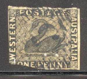 Western Australia Scott 1 (SG 1) Used LH - 1854 1p Swan Black, Wmk 82 Transposed