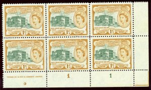 St Kitts-Nevis 1954 QEII 1c DE LA RUE Imprint Plate 1 block superb MNH. SG 107a.