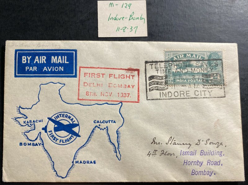 1937 Indore India First Flight Airmail cover FFC To Bombay Map Cachet 