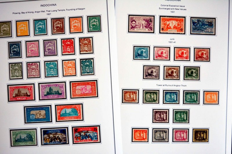 COLOR PRINTED INDOCHINA 1889-1949 STAMP ALBUM PAGES (35 illustrated pages)