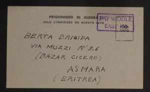 1940s Sudan Italian Prisoner of War POW Postcard Cover To Asmara Eritrea Medical