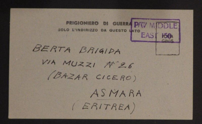 1940s Sudan Italian Prisoner of War POW Postcard Cover To Asmara Eritrea Medical