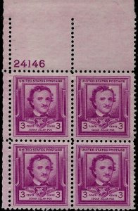 Scott 986, Plate Block of 4 1949 Edgar Allan Poe 3c MNH stock photo