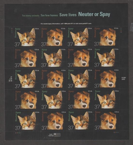 U.S.  Scott #3670-3671 Neuter & Spay - Cat & Dog Stamps - Mint NH Sheet