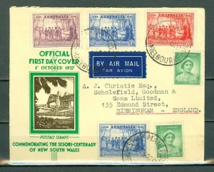 AUSTRALIA 1937 VERY NICE FDC TO ENGLAND...CACHET...#163-64-65/167