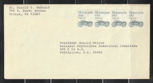 USA stamp, Scott#1899, used, on cover, strip of 4, motorcycle, Ronald Regan