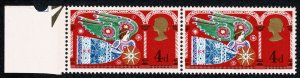 GB 1969 Christmas 4d (3½mm band). EXTRA 14mm PHOS BAND. Marginal pair. SG 81...