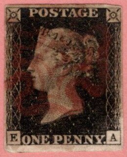 GBR SC #1 U (E,A) 1840 Queen Victoria w/red MC cancel 4 margins CV $445.00