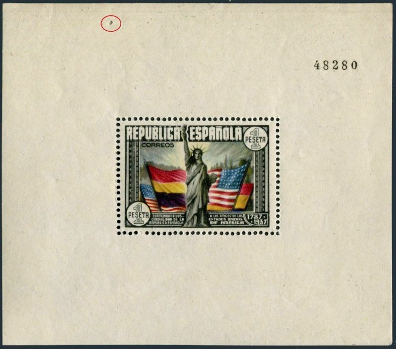 Spain 585c sheet,hinged.Michel Bl.3. US Constitution-150,1938.Statue of Liberty.