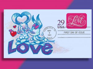 Bunny's Ears Curl into a Heart with Kiss from His Sweetie on Handcolored FDC