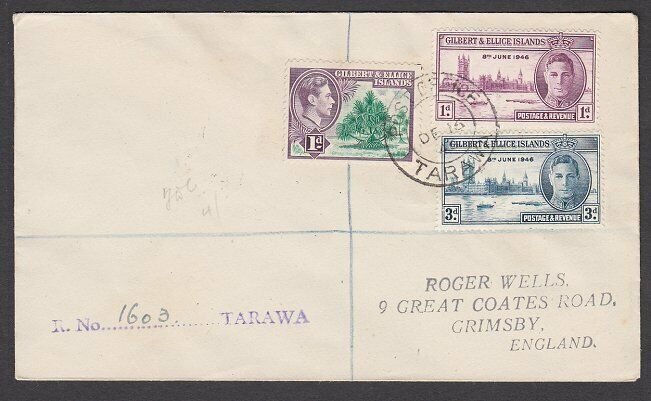 GILBERT & ELLICE IS 1946 Registered cover to UK ex TARAWA...................N669