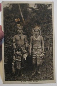 British North Borneo Postcard 1930 Sandakan Postmark Dyak Couple Native Dress