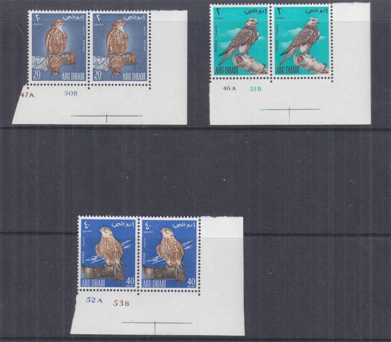 ABU DHABI, 1965 Falconry set of 3, Plate #' corner pairs, mnh.