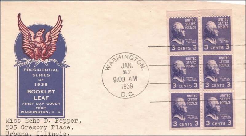 Scott 807a 3 Cents Jefferson Pane Ioor FDC Typed Address Planty 807a-1