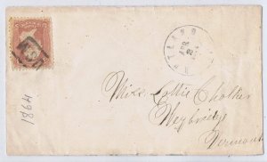 US 65 3c on cover tied by USM fancy cancel Rutland VT April 2, 1864 postmark