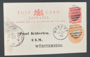 1894 Hobart Tasmania Postal Stationery Postcard Cover To Ulm Germany