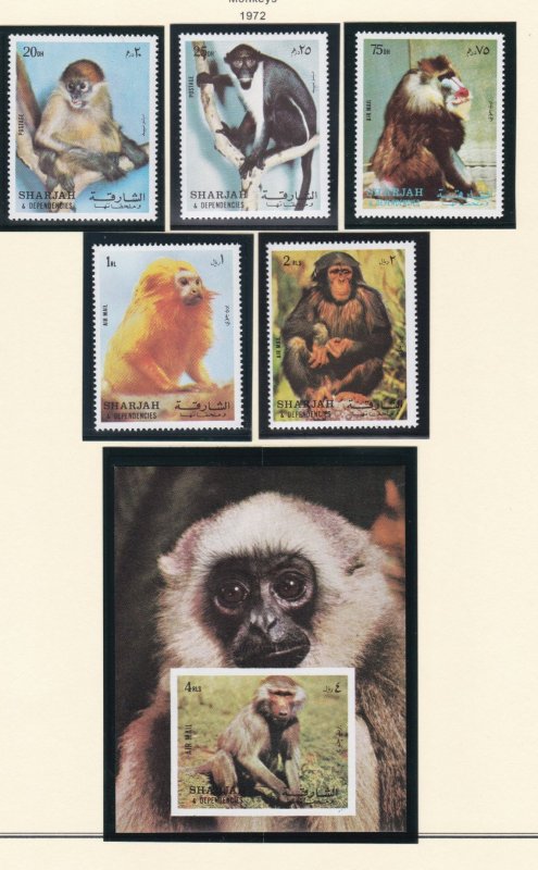 Sharjah # MI1012-1016, Block 107, Monkeys, Mint NH