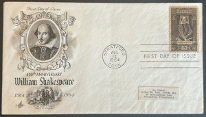 WILLIAM SHAKESPEARE #1250 AUG 14 1964 STRATFORD CT FIRST DAY COVER (FDC) BX5