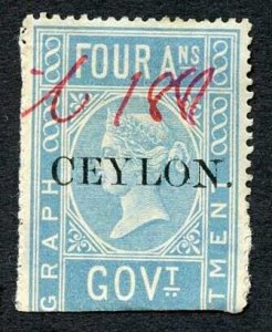 Ceylon Telegraph SGT2 1880 4a blue part manuscript Pearl Fishery cancellation