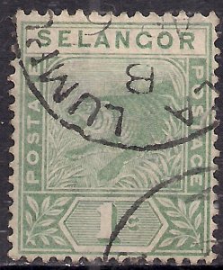 Selangor Malaya 1891 - 95 QV 1ct Green used SG 49 ( D748 )