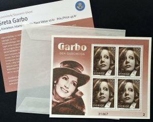 SS3 Sweden MNH S/S cinema Greta Garbo 2005 Scott 2517d with cylinder 2 & serial