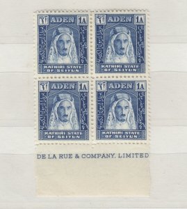 Aden Seiyun KGVI 1942 1A Block Of 4 De La Rue Inscription SG3 JK1969