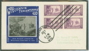 US 739 1934 3c Wisconsin Tercentenary (block of four) on an addressed FDC with an loor cachet