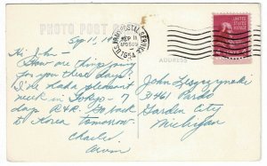 1954 APO 500 (Japan) cancel on postcard to the U.S., franked 4c Prexie