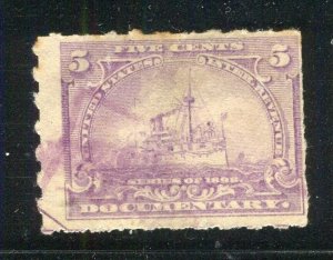 USA; 1890s early classic Battleship Revenue issue used 5c. value