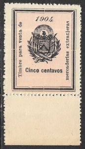 EL SALVADOR 1904 5c ARMS Sales Tax Imported Merchandise Revenue Ross 145 MNGAI