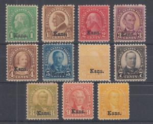 US Sc 658-668 MOG. 1929 Kansas overprints complete, gum faults.