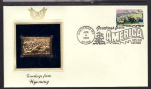 US Greetings From WY 2002 Gold Foil U/A FDC BIN 1451