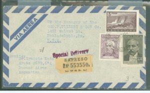 Argentina  1957 Registered express cover to US, 7.60 Peso rate.