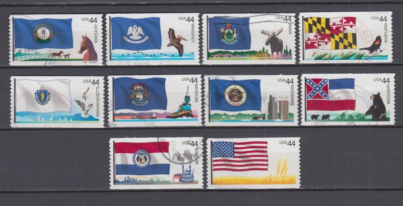 G USA #4293-4302  FLAGS OF OUR NATION Full Set  of 10 Used (Out of paper & gum)