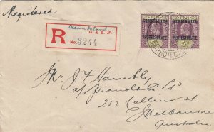Gilbert & Ellice Islands 1913 KGV 5d Pair on Registered Cover to Melbourne