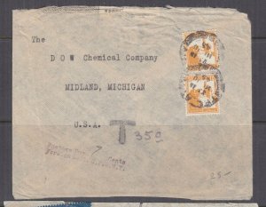PALESTINE, 1945 cover, 5m.(2), TEL AVIV to USA, Taxed 35c., Postage Due 7c. 