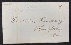 1845 New York Letter Stampless Maritime Mail Cover To Hartford CT USA