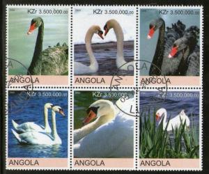 Angola 2000 Water Birds Black & White Swans Setenant BLK/6 Cancelled # 13508