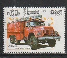 1987 Cambodia - Sc 824 - used VF - 1 single - Fire Trucks