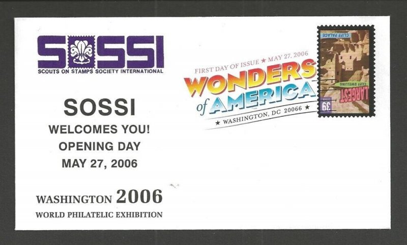 2006 US # 4039 Cliffs color FDC Boy Scout SOSSI welcome World Exhibition 