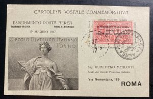 1917 Torino Italy First Experimental Flight Airmail Postcard Cover To Roma 