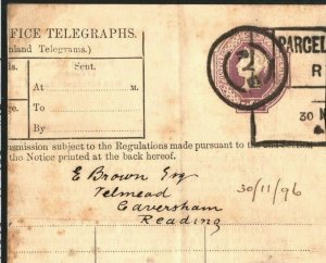 QV 6d Telegraph Form Used 1896 As PARCEL POST LABEL *Rye* Sussex {samwells}T21b