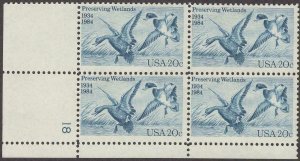 1984 Preserving Wetlands Plate Block of 4 20c Postage Stamps, Sc# 2092, MNH, OG