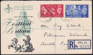 GB 1951 Festival of Britain FDC to PITCAIRN................................A8578