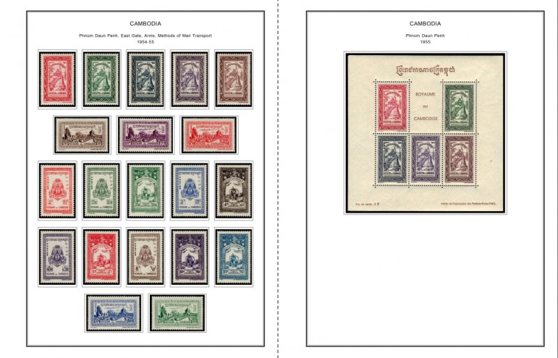 COLOR PRINTED FRENCH SE ASIA 1886-1956 STAMP ALBUM PAGES (32 illustrated pages)