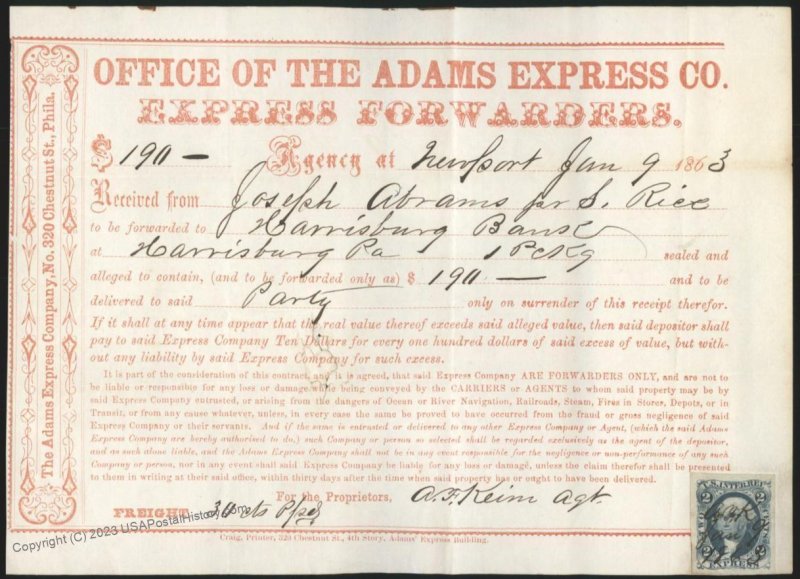 USA Revenue R9a Imperf Superb 4 Margin Adams Express Receipt 111590