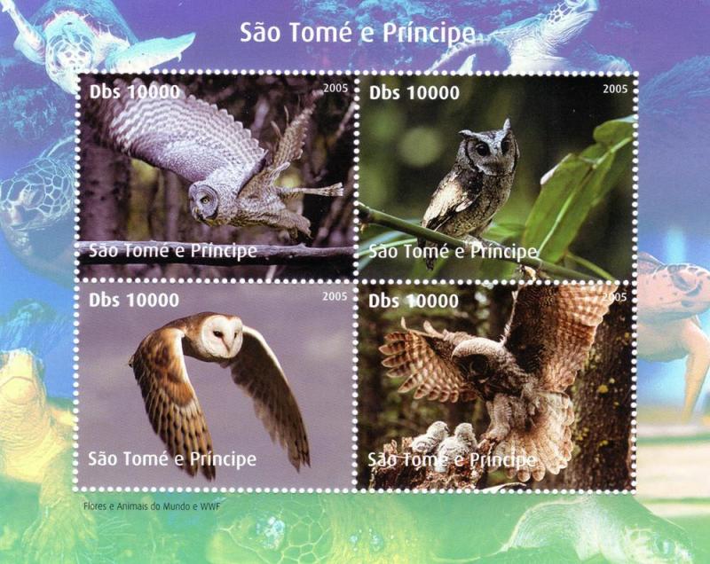 Sao Tome & Principe 2005 WWF.w/Logo BIRDS Owls Sheet Perforated Mint (NH)