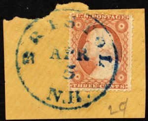 U.S. Used Stamp Scott # 26 3c Washington (on piece) CDS Bristol, NH Blue Cancel