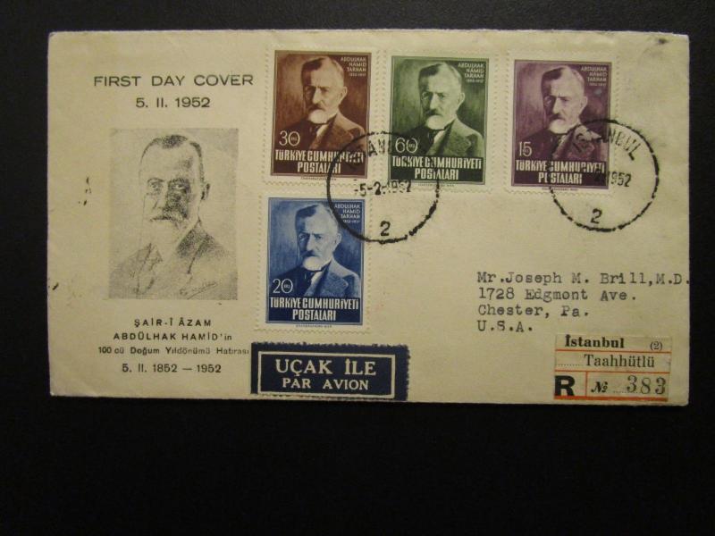 Turkey 1953 Abdulhak Hamid FDC / Cacheted / Registered to NY/Open at Top - Z7017