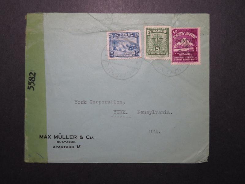 Ecuador WW2 Censor Cover to York PA / Light Crease - Z12002